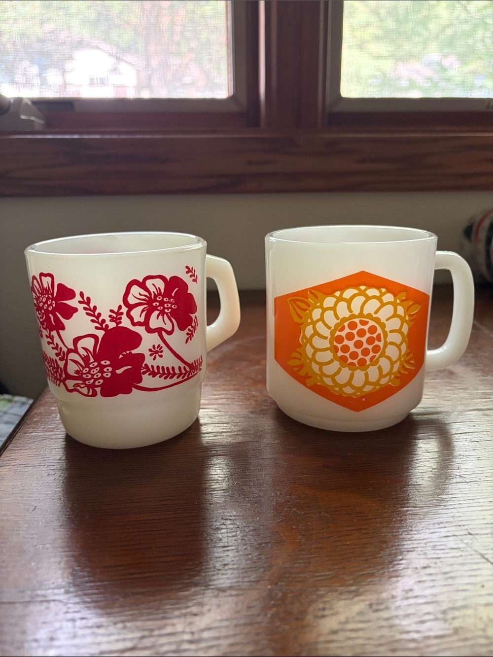 Glasbake and Anchor Milk Glass Floral Mugs with Red and Orange Print